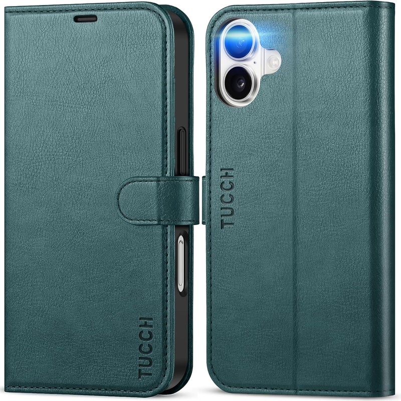 TUCCH Wallet Case for iPhone 16, Magnetic PU Leather Kickstand Flip Cover with 4 Card Slot Shockproof TPU Interior Shell, [RFID Blocking] Folio Case Compatible with iPhone 16 5G 2024, Teal Blue - Image 1
